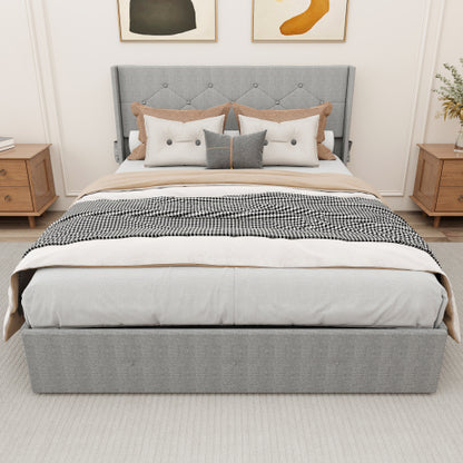 Queen Size Bed Frame With Storage - Lift Up Storage Bed With Modern Wingback Headboard, USB Ports