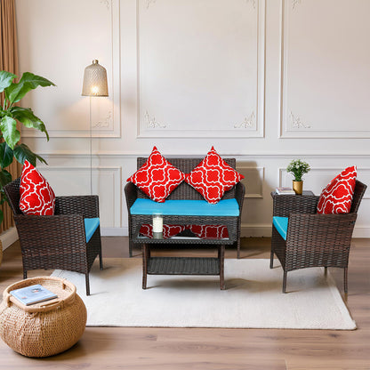 Four-Piece Sofa Set Table With Sofa Chair PE Rattan Outdoor Furniture W3152P269436 Box1 With Sapphire Blue Color Cushion