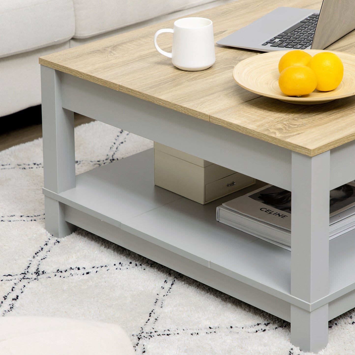 Square Coffee Table with Storage for Living Room, Natural/Gray