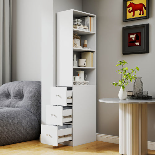 70.87 H Display Storage Cabinet , 4-Tier Shelf, 3 Side Drawers , Modern Wooden Tall Bookshelf Bookcase For Living Room Home Office