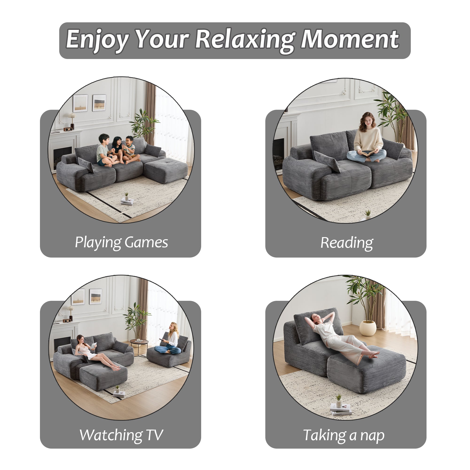 Grey Corduroy Sectional Sofa No-Assembly Cushions