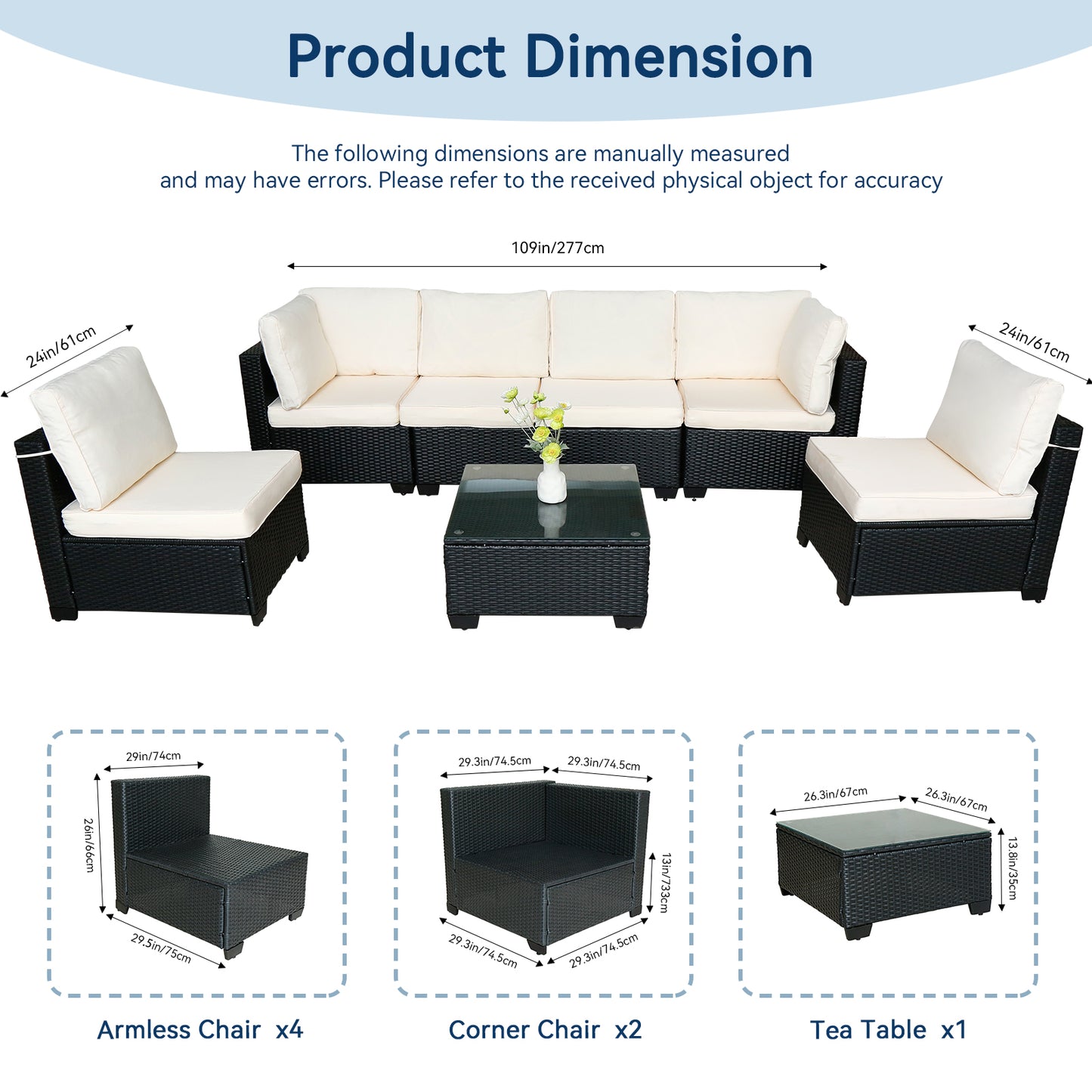 Hot Selling Seven-Piece Sofa Set Table With Sofa Chair Black PE Rattan Outdoor New Design Furniture 7-JH002 Box 3-1-2-3 With White Color Cushion