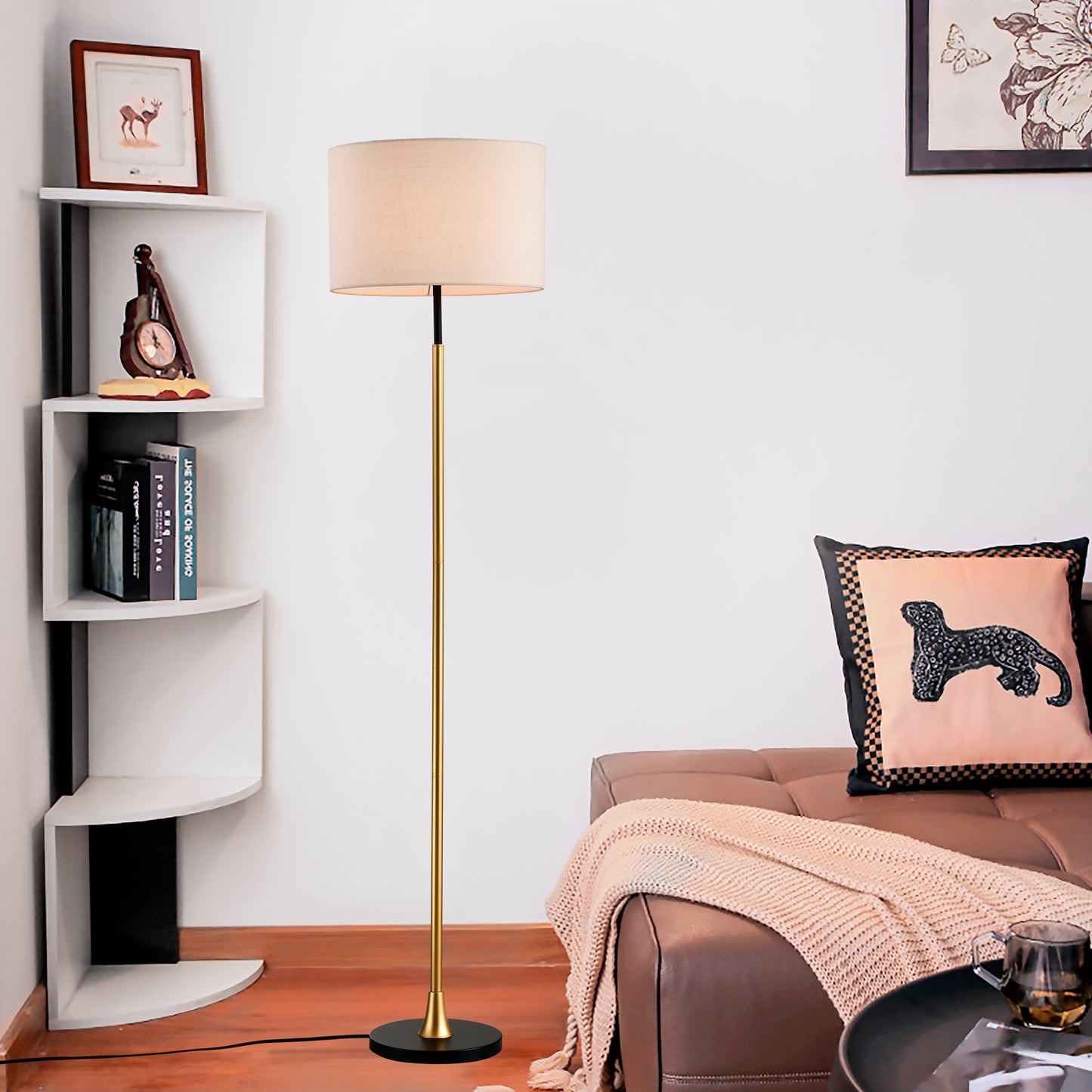 Floor Lamp For Living Room With Beige Lampshade, Standing Lamp Tall Industrial Floor Lamp Reading For Bedroom, Office No Included Bulb -Matte Black Matte Gold