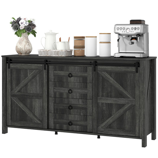 60 Buffet Cabinet, Farmhouse Sideboard With Sliding Barn Doors, Drawers And Adjustable Shelves, Distressed Dark Gray