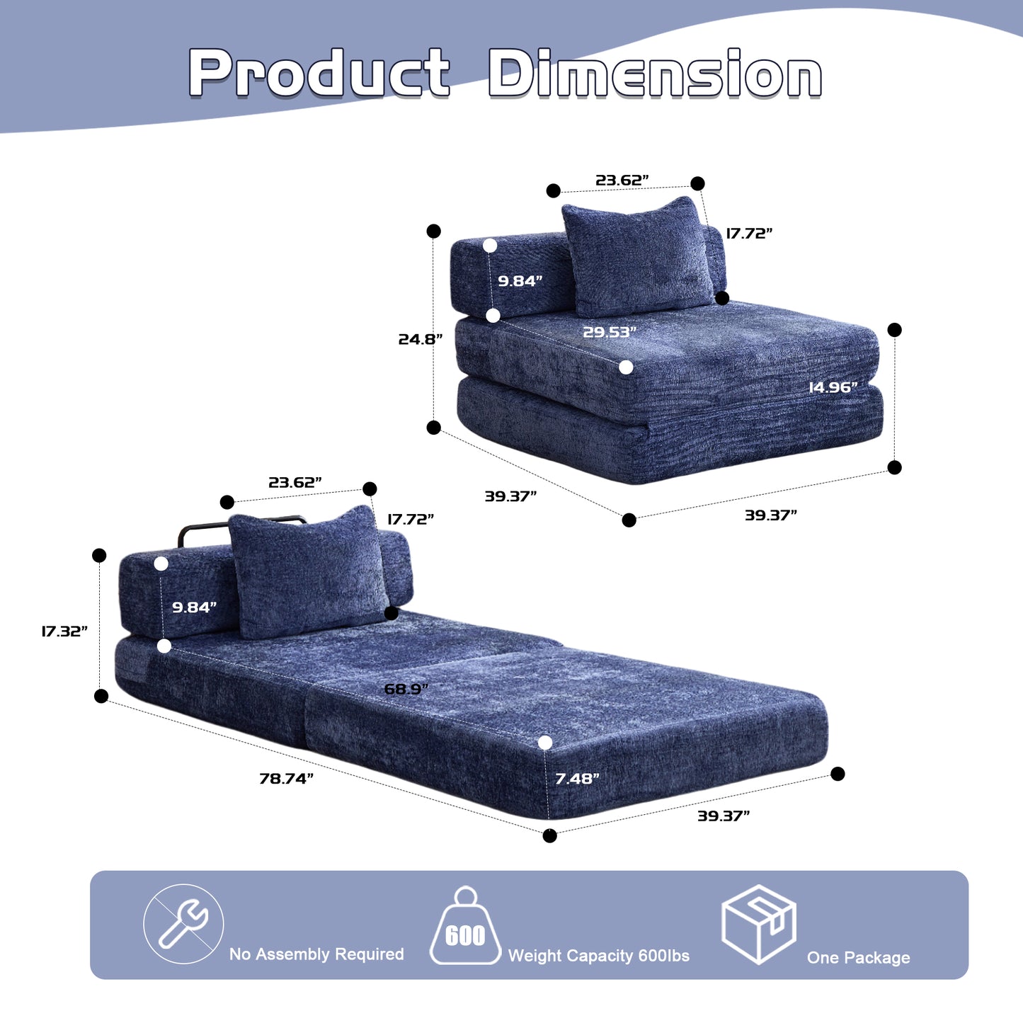 Compression Sofa,Convertible Floor Sofa Bed With Fixed-Shape Frame,Single Seater Boneless Modular Sectional Sofa,No Assembly Required,Chenille Fabric,for Living Room Bedroom,Dark Blue