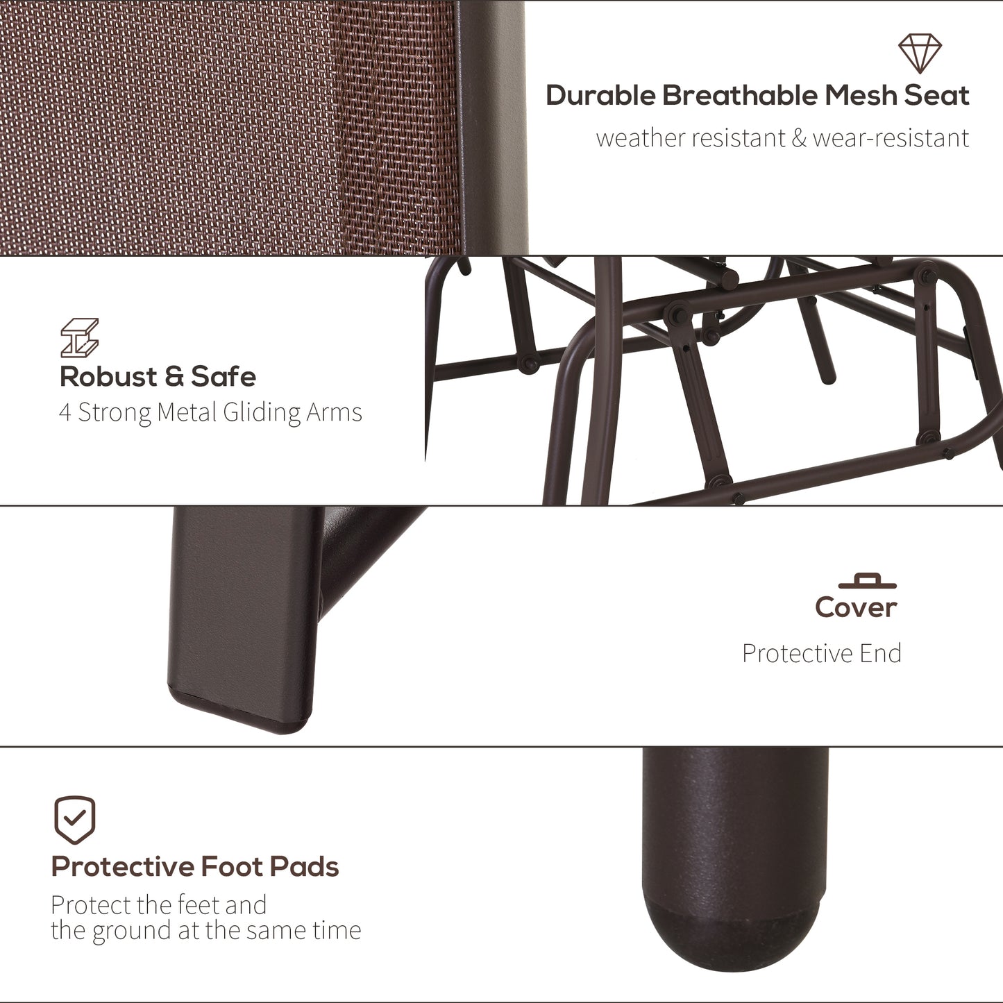 2-Seat Outdoor Glider Swing, Double Independent Rocker Chair, With Center Coffee Table, Breathable Sling Fabric, Coffee Brown