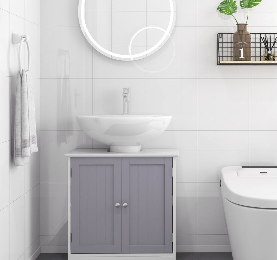 Kleankin Bathroom Vanity Cabinet, Sink Cabinet With U-Shape Cut-Out, Adjustable Shelf, White And Gray