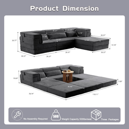 Compression Mahjong Sofa,Convertible Floor Sofa Bed,DIY Boneless Modular Sectional Sofa,No Assembly Required,Circle Fleece Fabric,Oversized 3 Seater With 1 Ottoman,Dark-grey