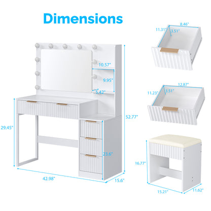 White Particleboard With A Melamine Finish, 5-drawer, 2-shelf Dressing Table Set With 11 Three-tone Light Bulbs, Power Strip, And Grille.