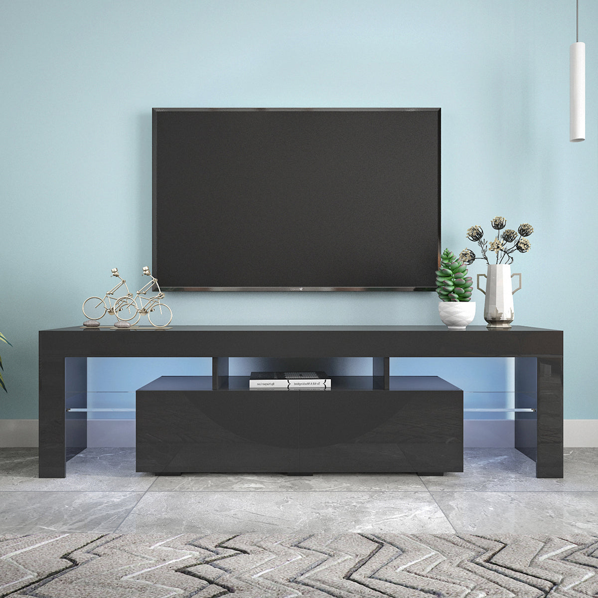 Modern Black TV Stand  20 Colors LED TV Stand W Remote Control Lights