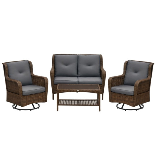 Wicker Swivel Patio Set Brown Loveseat Chairs