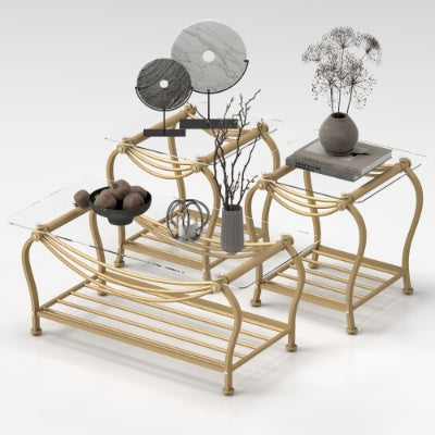 Tempered Glass Surface 3-Piece Coffee Table Set Decor Rectangle Coffee Table With 2 Square End Side Table Unique Design Coffee Table With Sturdy Construction For Living Room  Elegant Gold
