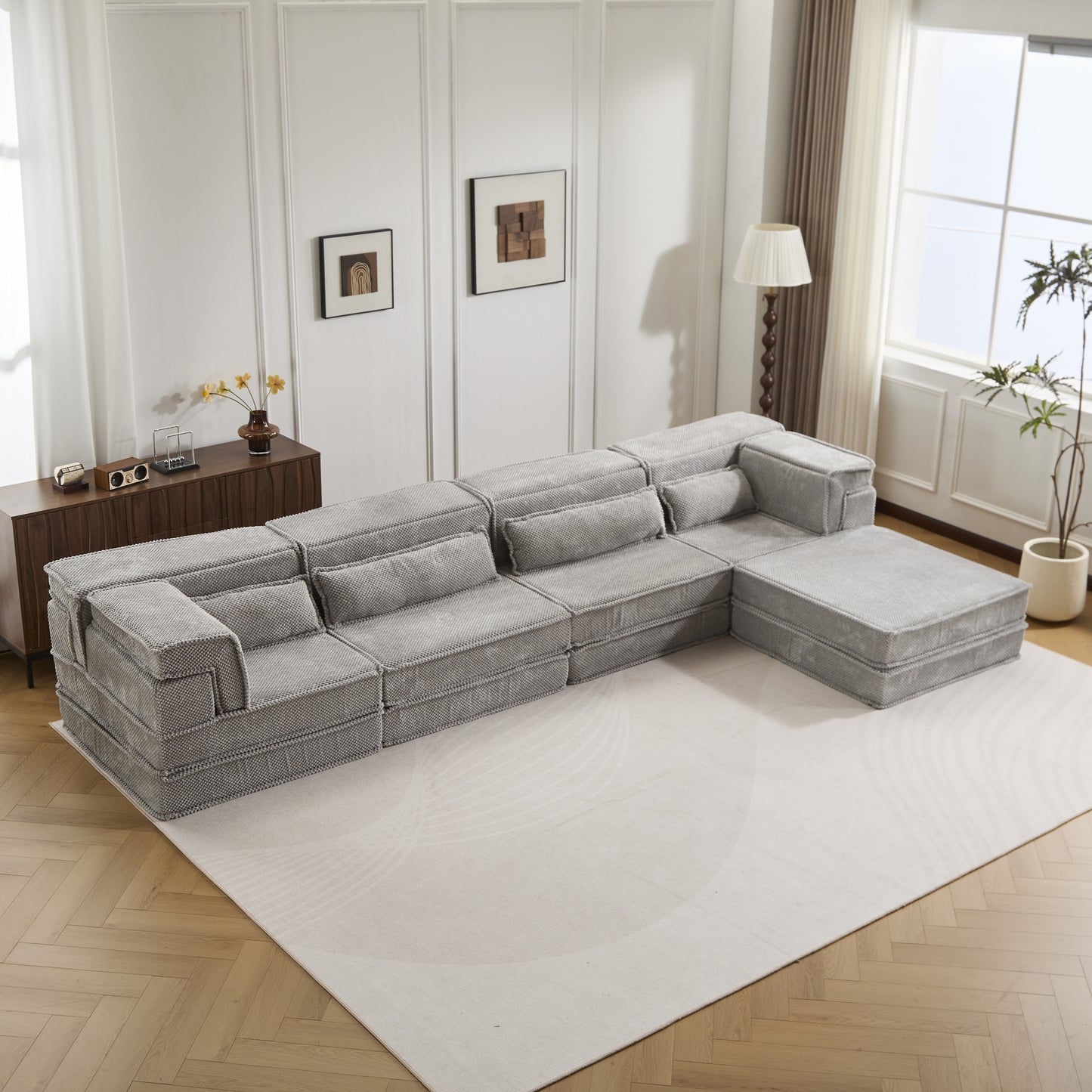 Compression Mahjong Sofa,Convertible Floor Sofa Bed,DIY Boneless Modular Sectional Sofa,No Assembly Required,Circle Fleece Fabric,Oversized 4 Seater With 1 Ottoman,Light-grey
