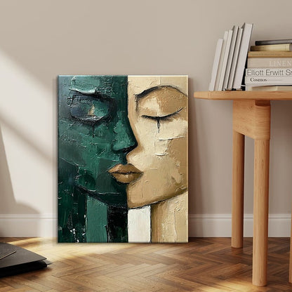 Hand-Painted Oil Painting Modern Art Picture Green And Beige Face Home Living Room Bedroom Bathroom Canvas Wall Art Decor