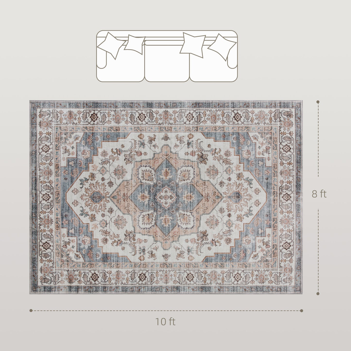 8x10 Area Rug, Vintage Machine Washable Rug, Non-Slip Carpet For Living Room, Bedroom, Dining Room, Brown & Light Blue