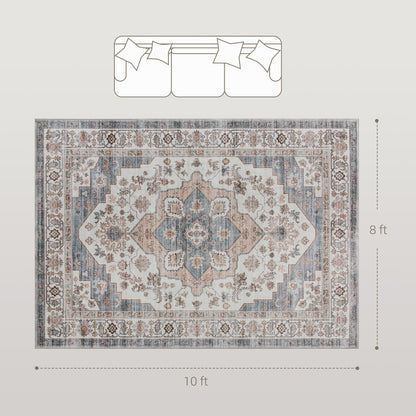 8x10 Area Rug, Vintage Machine Washable Rug, Non-Slip Carpet For Living Room, Bedroom, Dining Room, Brown & Light Blue