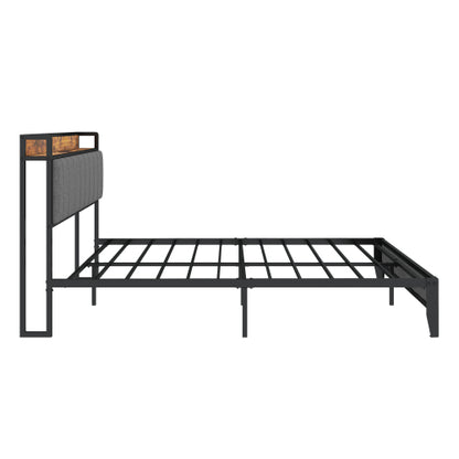 Full Size Bed Frame With Charging Station, Upholstered Headboard, Metal Platform, Grey