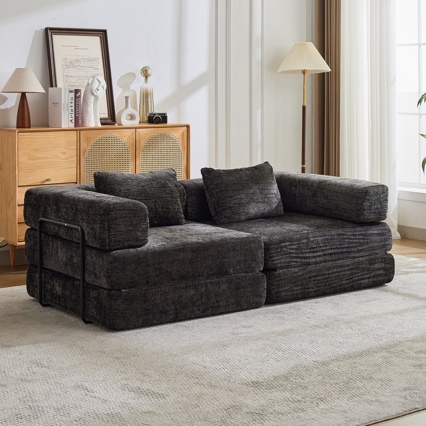 Compression Sofa,Convertible Floor Sofa Bed With Fixed-Shape Frame, Loveseats Boneless Modular Sectional Sofa,No Assembly Required,Chenille Fabric,for Living Room Bedroom,Black