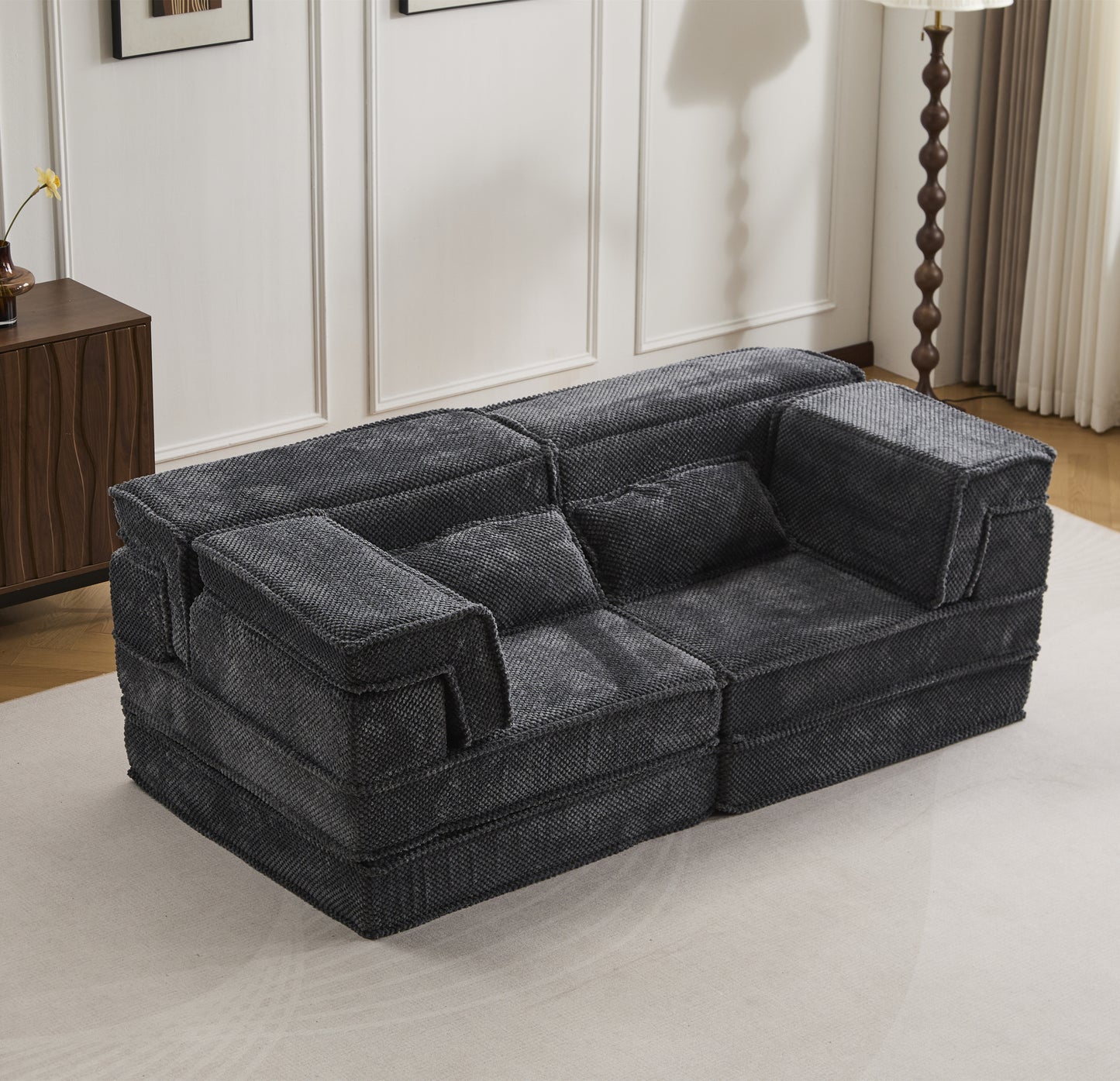 Compression Mahjong Sofa,Convertible Floor Sofa Bed,DIY Boneless Modular Sectional Sofa,No Assembly Required,Circle Fleece Fabric,Modern Oversized Loveseat,Dark Grey