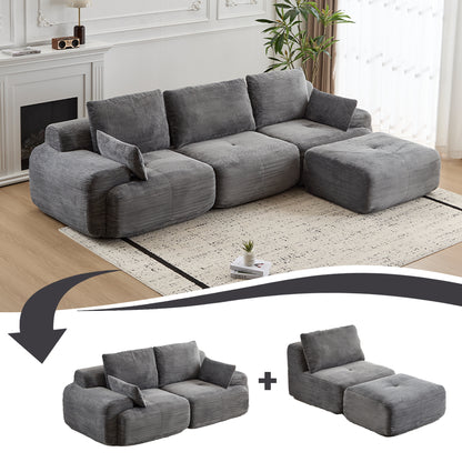 Modern Memory Foam Compressed Sofa,Large Sectional Couches For Living Room,Pet-Friendly Cloud Modular Sectional Sofa,Corduroy Fabric,Extra Deep Loveseat,No Assembly Required,GREY