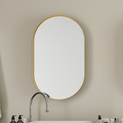 20x34 Inch Oval Recessed Medicine Cabinet, Metal Framed Bathroom Wall Cabinet With Mirror And Adjustable Shelves, Wall Mirror With Storage For Bathroom, Matte Gold