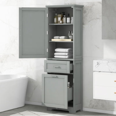 Tall Bathroom Storage Cabinet, Freestanding Storage Cabinet With Two Different Size Drawers And Adjustable Shelf, MDF Board With Painted Finish, Grey