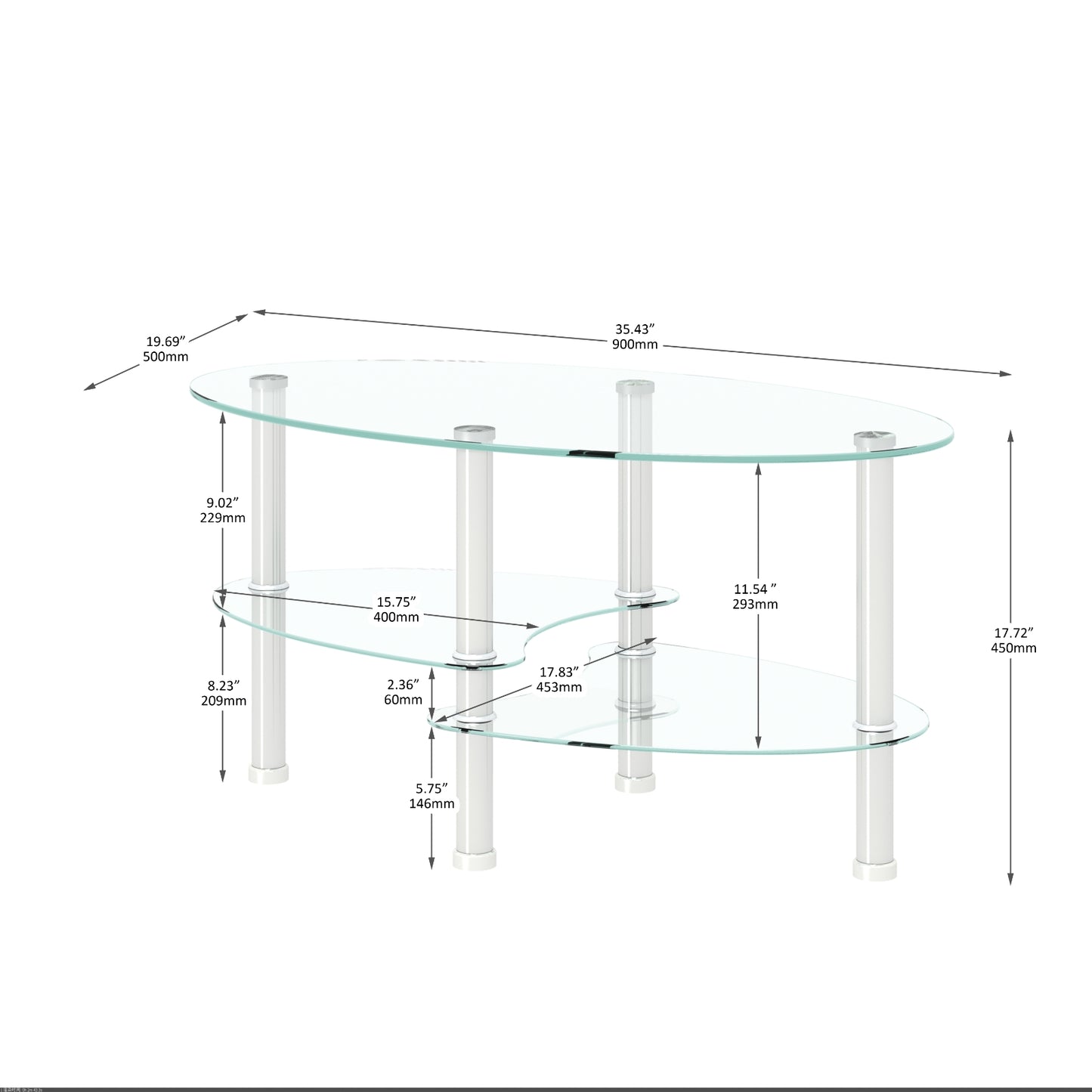 Transparent Oval Glass Coffee Table, Modern 3-Layer With Stainless Steel Leg