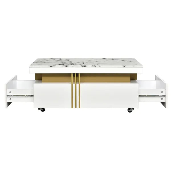 VIDEO Provided ON-TREND Contemporary Coffee Table With Faux Marble Top, Rectangle Cocktail Table With Caster Wheels, Moderate Luxury Center Table With Gold Metal Bars For Living Room, White
