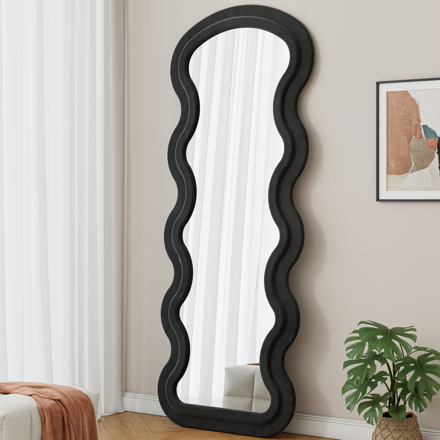 Flannel Full Length Wave Black Floor Mirror With Stand For Bedroom Living Room Hanging Or Against The Wall
