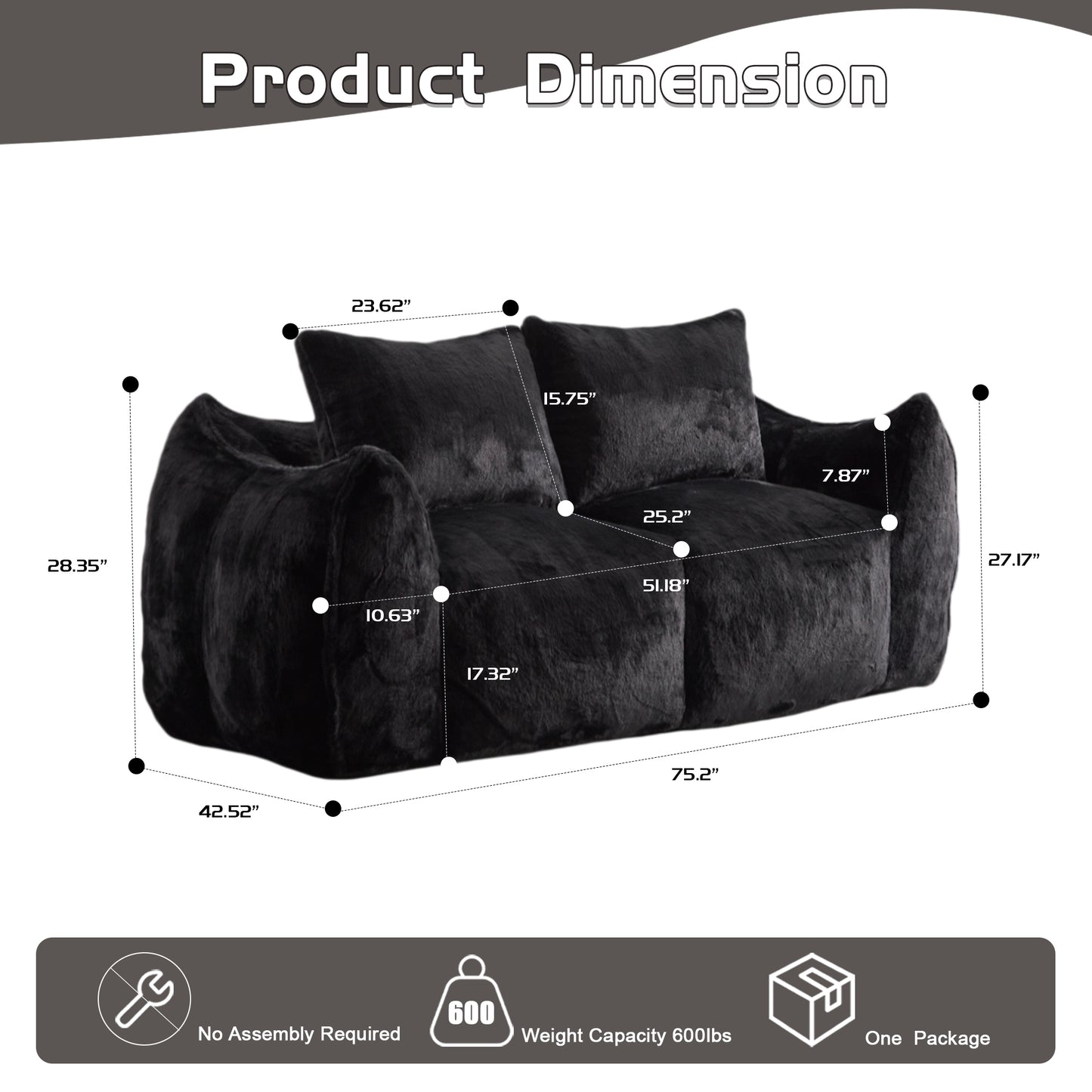 Giant Bean Bag Couch For Adults, Ultra Soft Fluffy Loveseat Bean Bag Sofa, Oversized Chase Lounge Chair Indoor For Living Room Bedroom, No Assembly Required Cozy Reading Chair With Pillows, Black