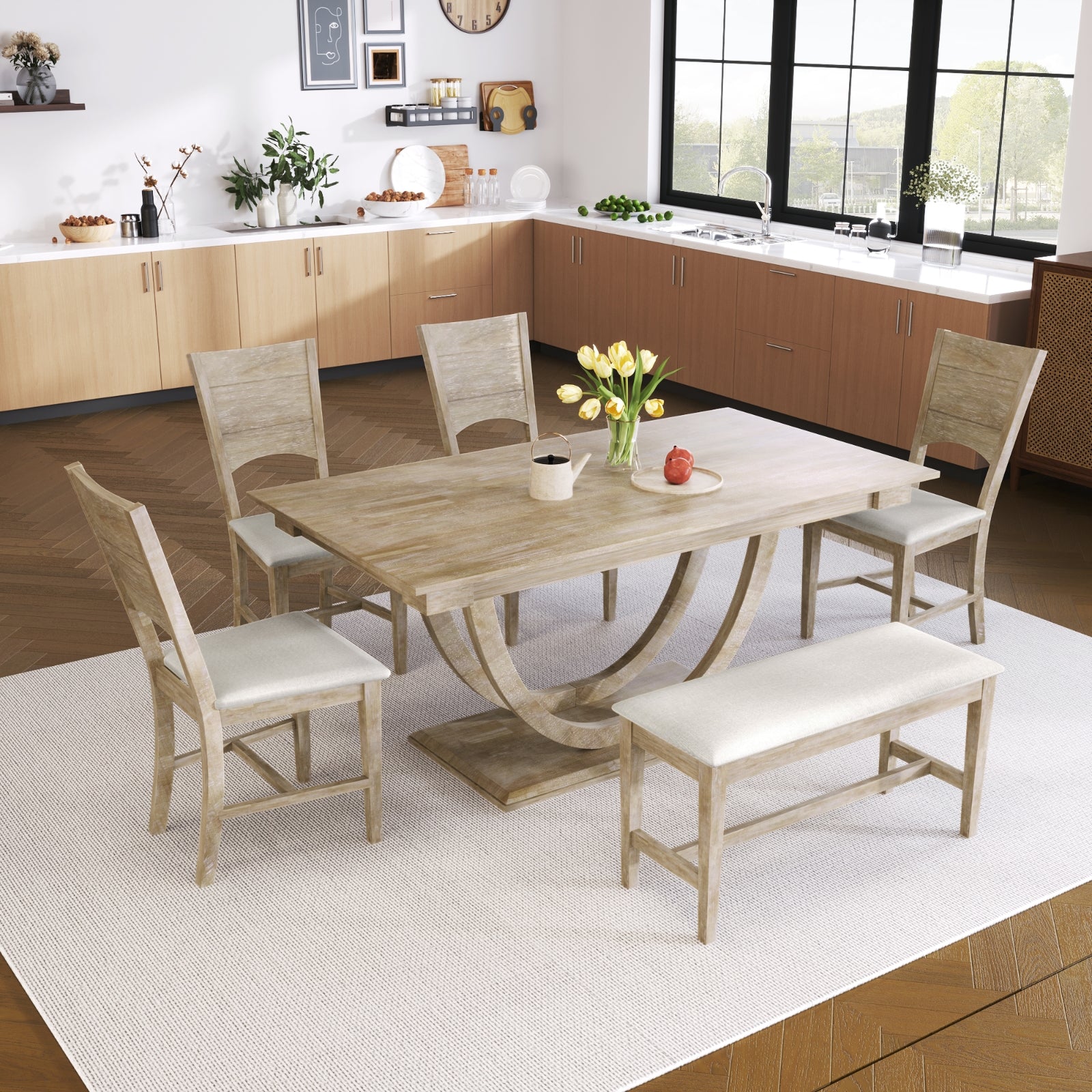 Natural Wood Dining Set Half-Round Table Bench