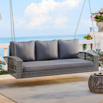 GO 69 PE Wicker 3-Person Porch Swing With Chains, Large Patio Swing Bench With Cushions For Backyard, Garden, And Poolside, Gray69