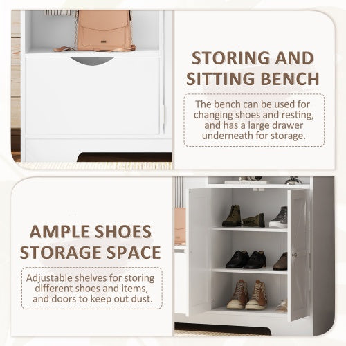 Multi-functional Hall Tree With Storage Shelves Drawers And Cabinet, Elegant Hallway Shoe Cabinet With Bench, Modern Coat Rack With Hooks For Hallway Entryways
