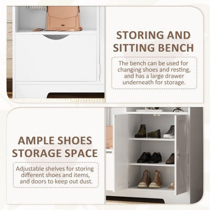 Multi-functional Hall Tree With Storage Shelves Drawers And Cabinet, Elegant Hallway Shoe Cabinet With Bench, Modern Coat Rack With Hooks For Hallway Entryways