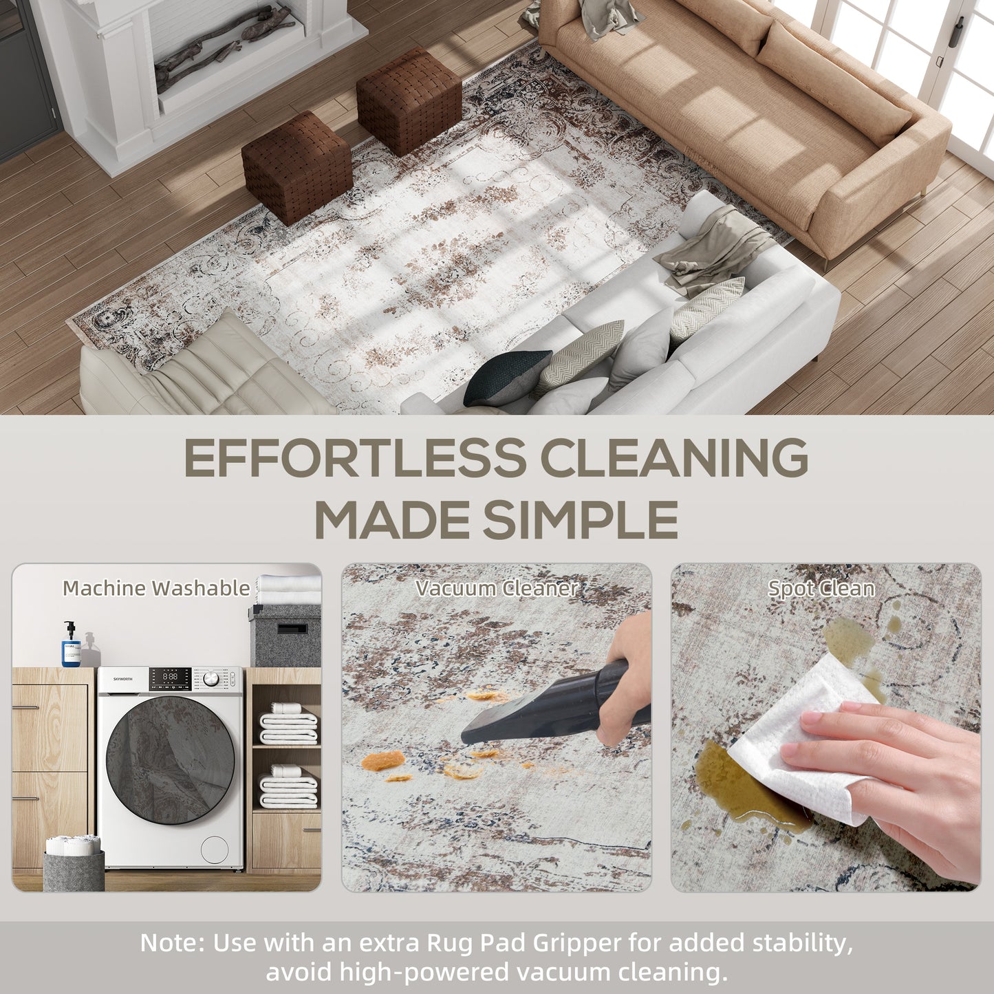 6x9 Boho Area Rug, Machine Washable Carpet For Living Room, Bedroom, Dining Room, Kitchen, Home Office, Brown