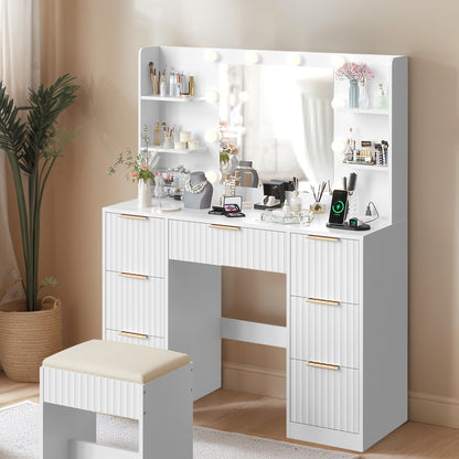 White Vanity Desk With Mirror And Lights, Modern Makeup Vanity Table W-7 Drawers And 4 Storage Shelves, Bedroom Dressing Table With Cushioned Stool, 10 LED Lights, 3 Lighting Modes White