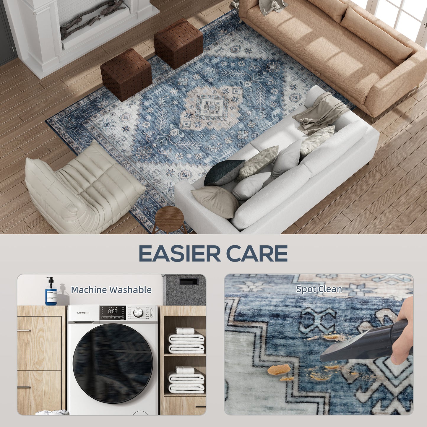 5x7 Area Rug, Vintage Washable Rug, Non-Slip Floor Carpet For Living Room, Bedroom, Dining Room, Blue