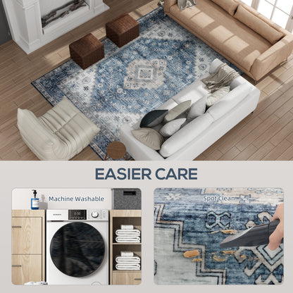 5x7 Area Rug, Vintage Washable Rug, Non-Slip Floor Carpet For Living Room, Bedroom, Dining Room, Blue