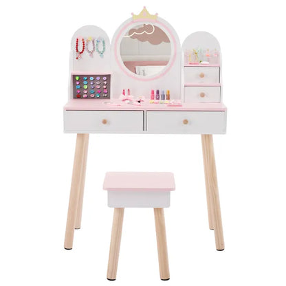 White And Pink Crown Element, MDF + Particleboard + Solid Wood Legs, Painted And Melamine Laminated, 4-drawer Children's Dressing Table Set