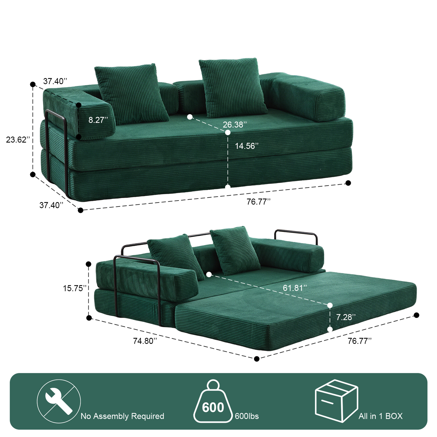 Floor Couch,Compression Sofa,Convertible Floor Sofa Bed-with Pillow Back Support Armrest,Comfy Futon Couch Lounge Sleeper Bed,Corduroy Fabric,for Living Room Bedroom Dark Green