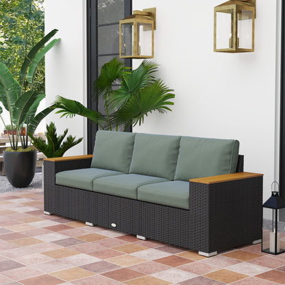 3-Seat Outdoor Patio Sofa With Cushions, PE Rattan Wicker Sofa With Wide Armrests, Outdoor Wicker Couch, Dark Gray