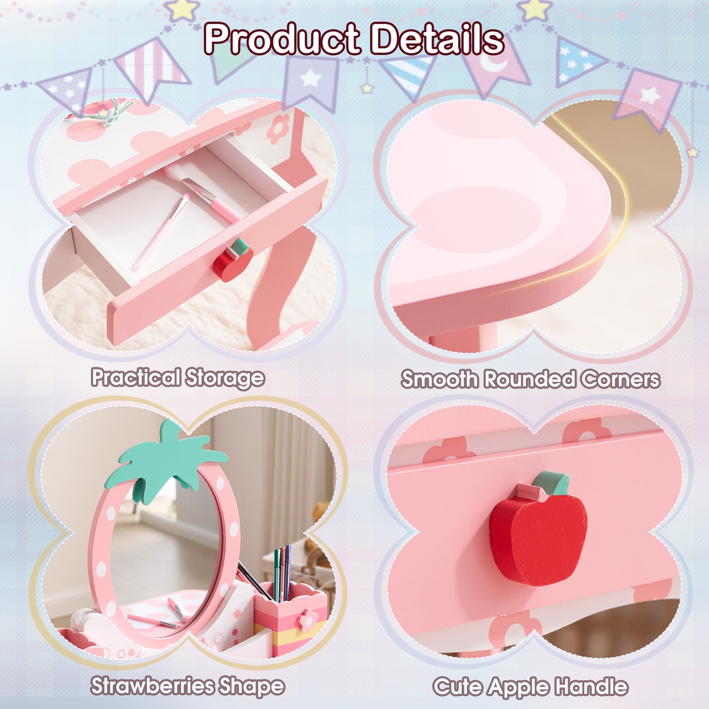 White MDF Spray-painted 1-drawer 2-desktop Storage Box Children's Dressing Table Set With Apple Print