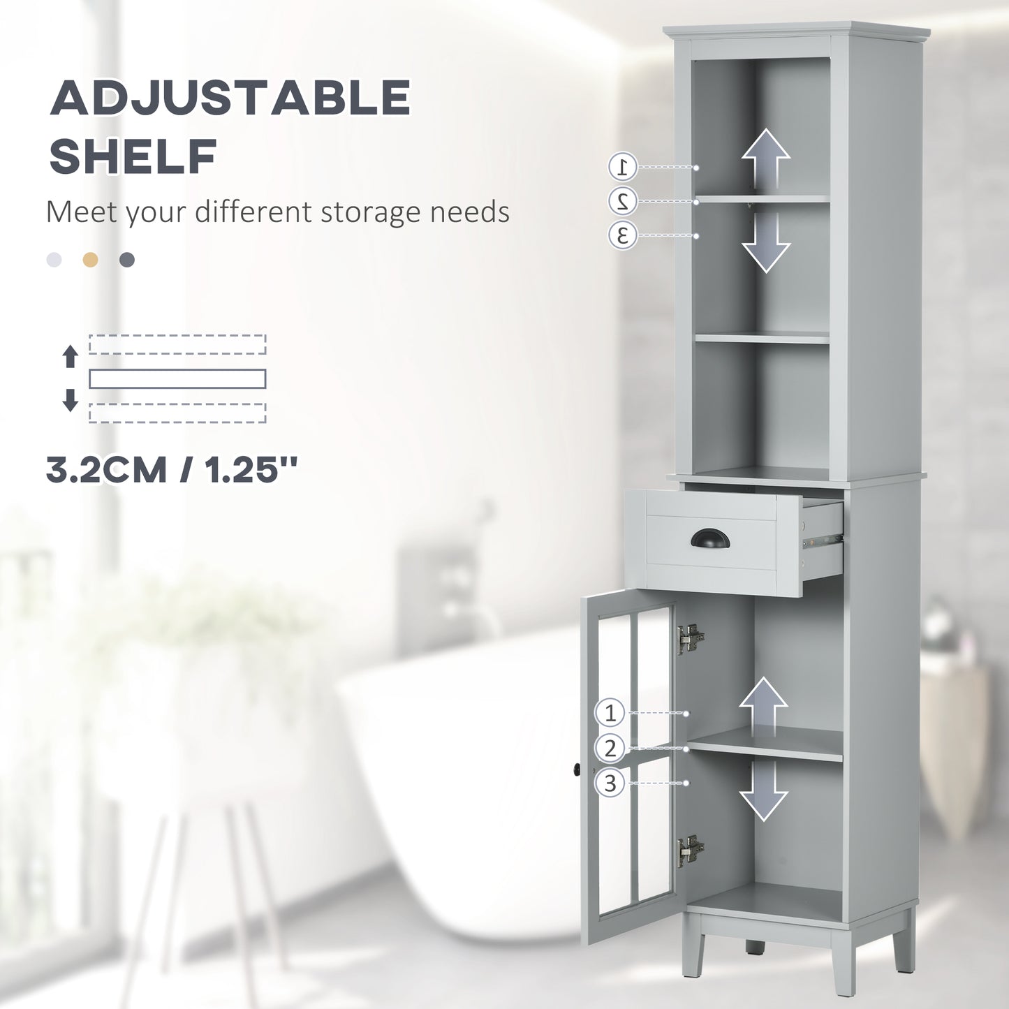 Slim Bathroom Storage Cabinet Door & Shelves Tower