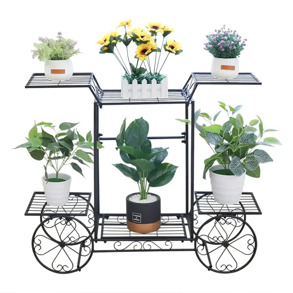 Black wrought iron DecorBites™ 6-tier metal plant stand with ornate wheel design for indoor and outdoor plants