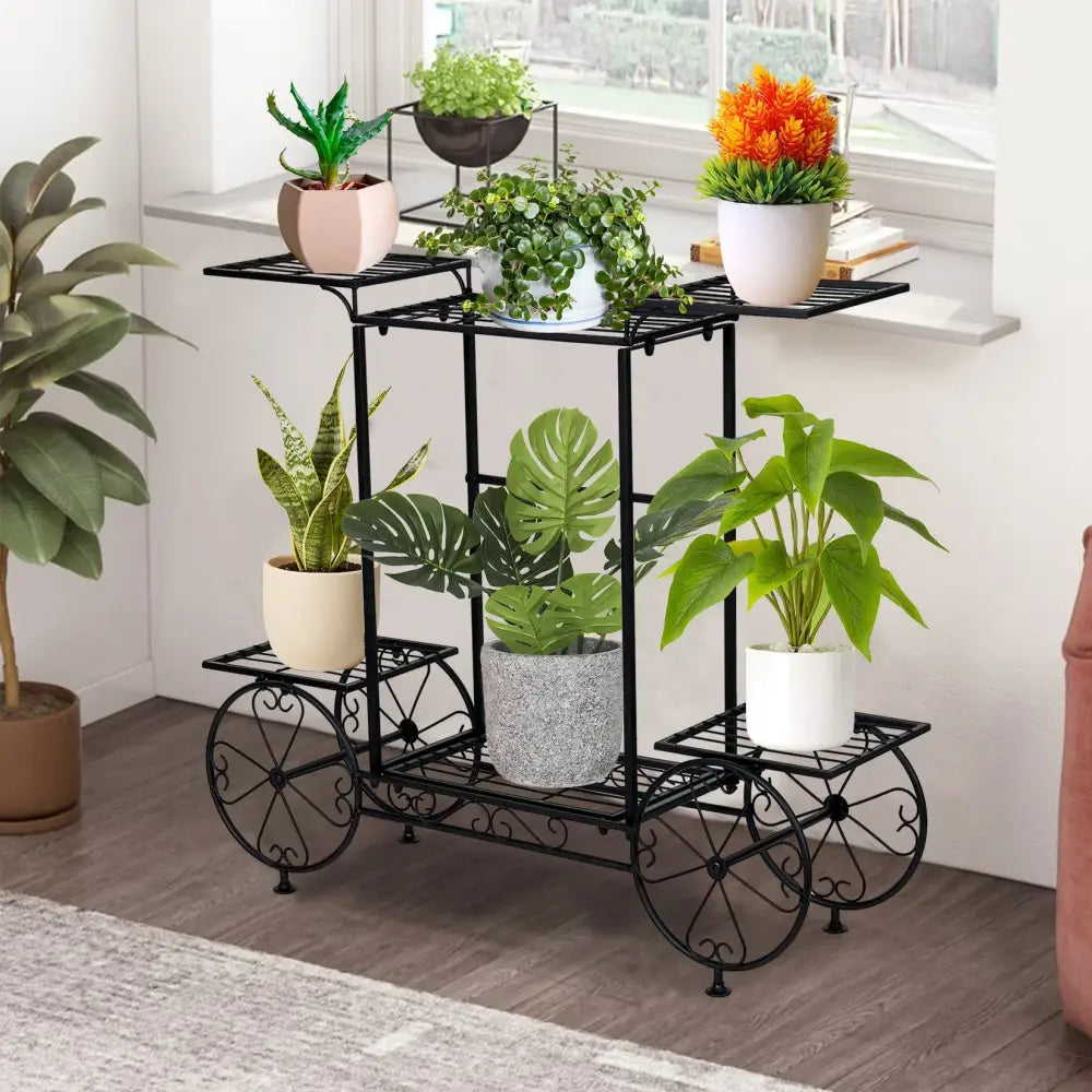 Black wrought iron DecorBites™ 6-tier metal plant stand with ornate wheel design for indoor and outdoor plants