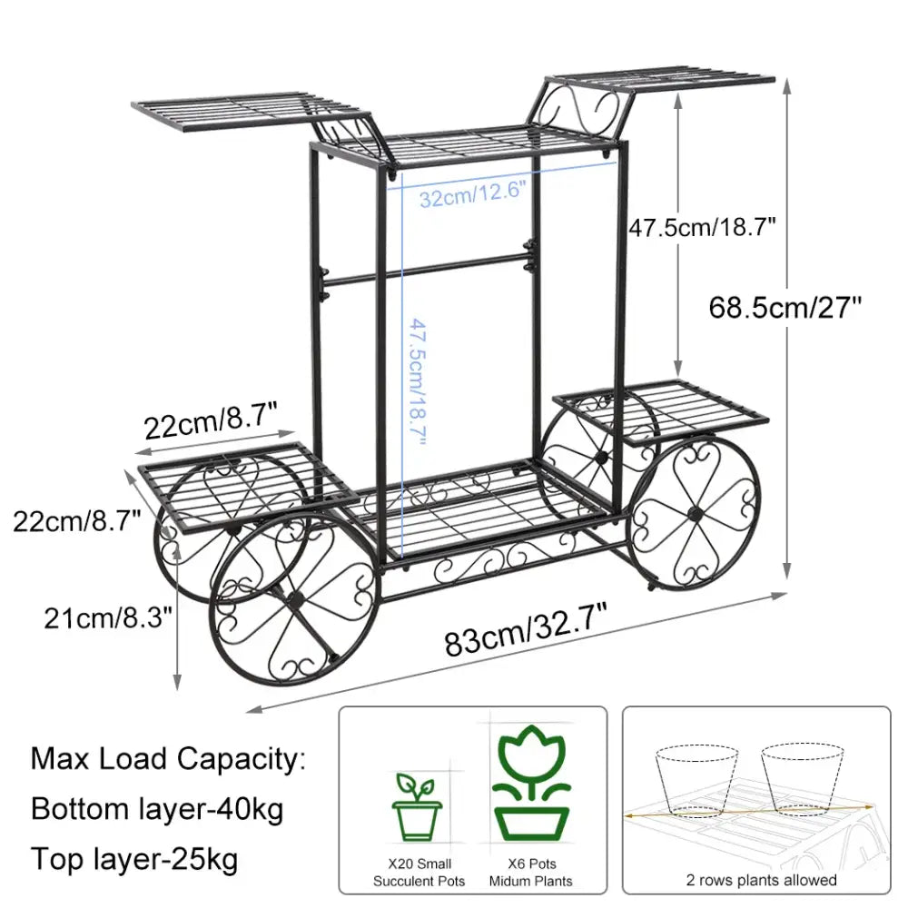 Black wrought iron DecorBites™ 6-tier metal plant stand with ornate floral wheels for indoor and outdoor use