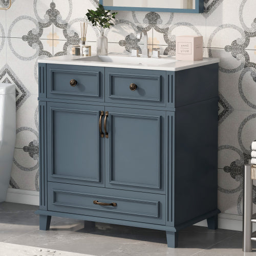 30'' Bathroom Vanity With Ceramic Sink,Solid Wood Frame Bathroom Storage Cabinet With Soft Closing Doors,Retro Style, Blue