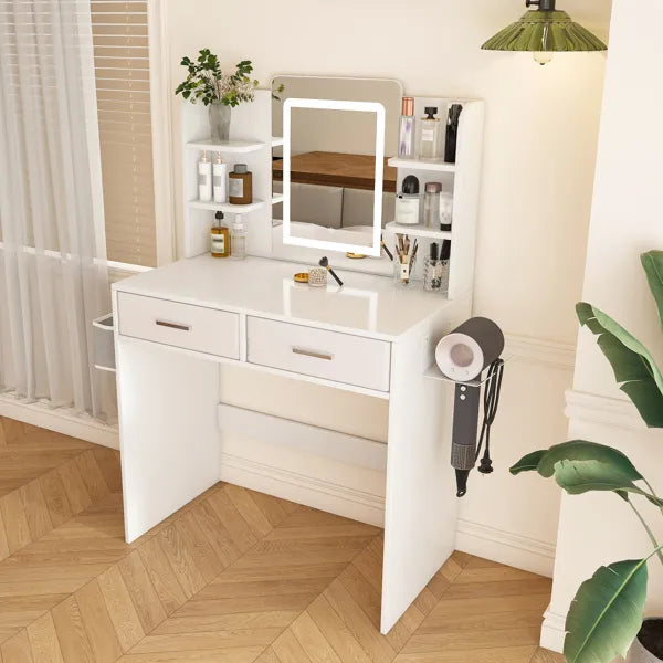 LED Mirror Vanity Dressing Table With Lights For Women & Girls - 3-Color Adjustable Light Strips, 2 Large Drawers, Hair Dryer Stand & Non-Woven Storage Bag, Makeup Desk Bedroom Furniture