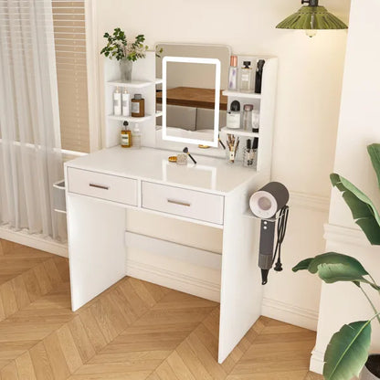 LED Mirror Vanity Dressing Table With Lights For Women & Girls - 3-Color Adjustable Light Strips, 2 Large Drawers, Hair Dryer Stand & Non-Woven Storage Bag, Makeup Desk Bedroom Furniture