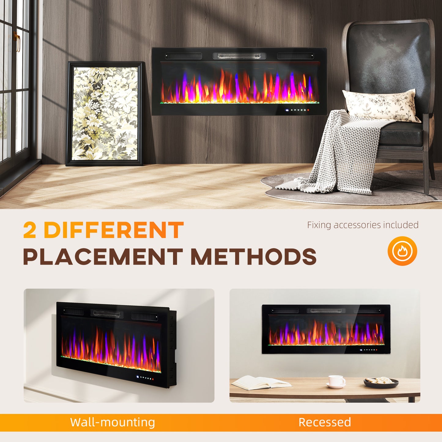 50" Electric Fireplace Recessed and Wall Mounted